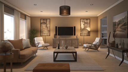 Wohnzimmer im modern minimalistischen Stil, mit organische Formen und warmen Erdtönen, symbolisch für achtsames leben (Generative AI)