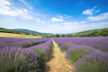 lavender field with rolling hills and clear blue sky, created with generative ai