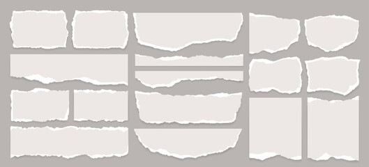 Set of torn note or notebook paper strips on dark background. Ripped newspaper sheet, scrapbook edge or blank banner split illustration. Realistic ornament or decoration clip art for social media. 