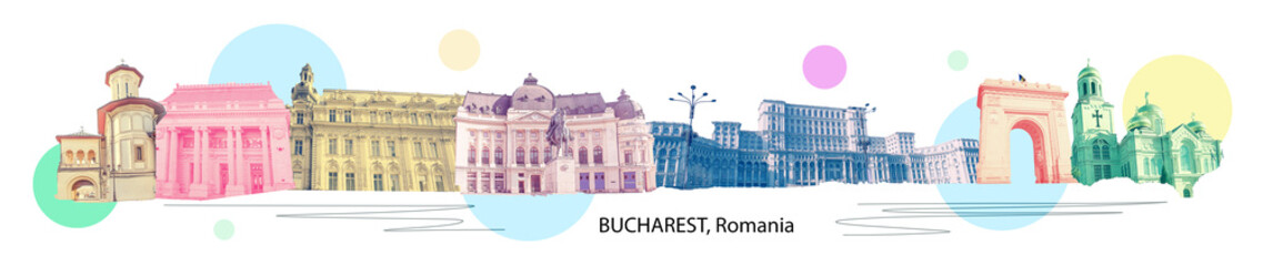 Bucharest skyline silhouette in colorful geometric style. Symbol for your design.