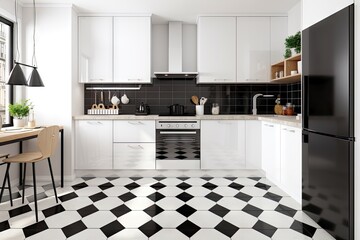 minimalist kitchen with sleek, modern cabinets, stainless steel appliances and black & white tile floor, created with generative ai