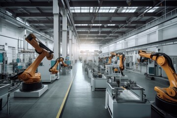 a factory floor with robotic arms and machines moving materials, creating new products, created with generative ai