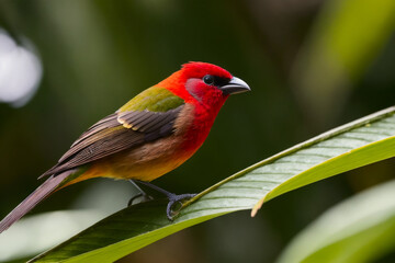 Obraz premium Masked Crimson Tanager bird perching on a branch with tropical leaves everywhere in a tropical rainforest. Wildlife concept of ecological environment. Generative AI
