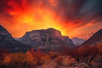 Naklejka na ściany i meble majestic mountains and fiery orange sunset against the backdrop of a canyon, created with generative ai