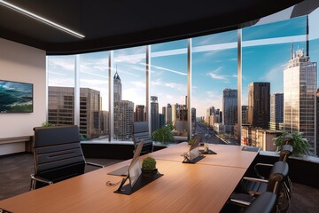 virtual conference room with view of a bustling cityscape, created with generative ai