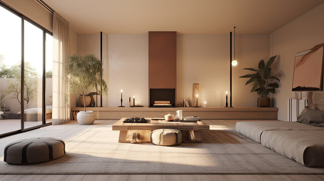 Wohnzimmer im modern minimalistischen Stil, mit organische Formen und warmen Erdtönen, symbolisch für achtsames leben (Generative AI)