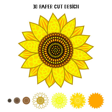 3D Sunflower mandala. Vector paper or laser cut template. Flower silhouette. Summer multilayer illustration. Isolated on white background. Decorative symboll.