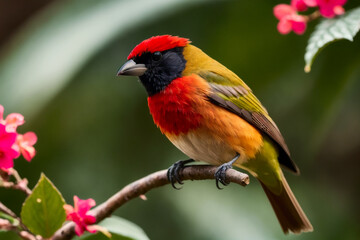 Masked Crimson Tanager bird perching on a branch with tropical leaves everywhere in a tropical rainforest. Wildlife concept of ecological environment. Generative AI