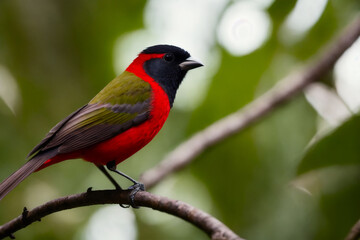 Fototapeta premium Masked Crimson Tanager bird perching on a branch with tropical leaves everywhere in a tropical rainforest. Wildlife concept of ecological environment. Generative AI