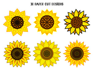 3D Sunflower mandala. Vector set paper or laser cut templates. Flower silhouette. Summer multilayer illustration. Isolated on white background. Decorative symboll.