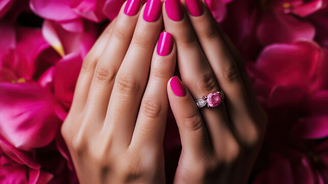 Womans hands knuckles up with wedding ring and bright pink nail polish on mid length fingernails resting on flower petal. AI Generative