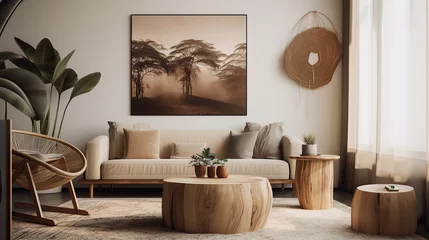 Tapeten Wohnzimmer im modern minimalistischen Stil, mit organische Formen und warmen Erdtönen, symbolisch für achtsames leben (Generative AI) © Fotosphaere