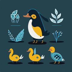 Hand drawn vector abstract graphic cartoon illustrations cards set template with beauty cute minimalistic style wildlife Duck print set. Wild life Duck animal concept design art