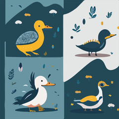 Hand drawn vector abstract graphic cartoon illustrations cards set template with beauty cute minimalistic style wildlife Duck print set. Wild life Duck animal concept design art