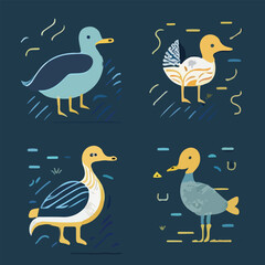 Hand drawn vector abstract graphic cartoon illustrations cards set template with beauty cute minimalistic style wildlife Duck print set. Wild life Duck animal concept design art