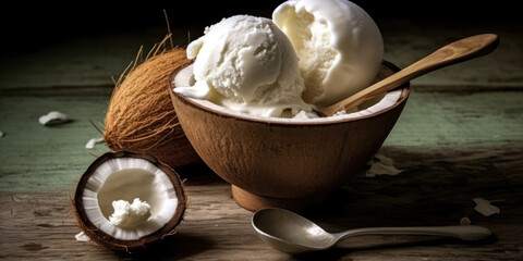 Fototapeta na wymiar tasty coconut ice cream close-up, Generative AI