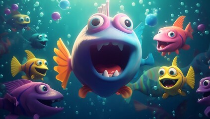 Fototapeta na wymiar Happy Fishes at an Underwater Party. Generative ai