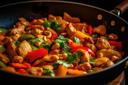 Close-up shot of a sizzling hot Thai Chicken Stir-Fry dish served in a traditional wok. Generative AI