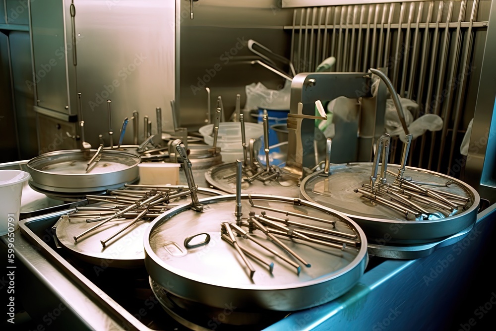 Poster surgical instruments being sterilized in steam autoclave, ready for use, created with generative ai