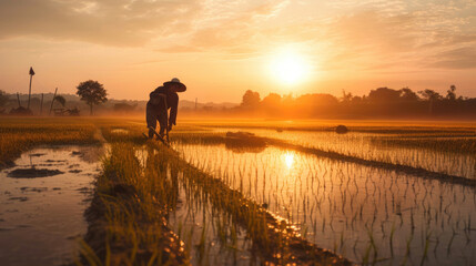 Indonesian farmer plant rice in paddy fields. Farmer do it manually. Generative AI