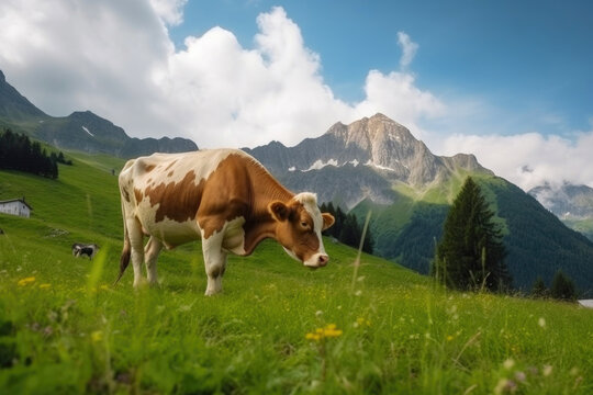 Landscape of an alpine meadow with a renegade cow. Generative AI