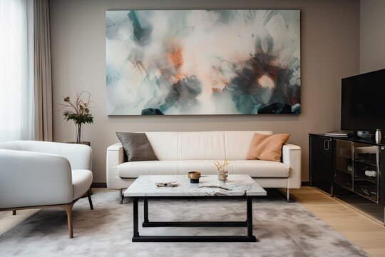 artistic video conference for business meeting in minimalistic living room with glass coffee table, white sofa and abstract painting on the wall, created with generative ai