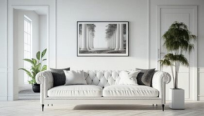 Elegant white living room white sofa with ample space, Generative AI