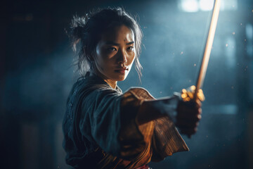 Asian woman samurai warrior swinging her sword. Generative AI
