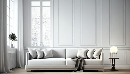 Elegant white living room white sofa with ample space, Generative AI