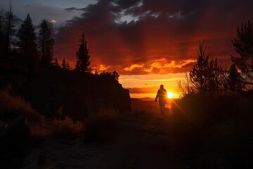 fiery sunset, with silhouetted figure and backpacker on the trail, created with generative ai