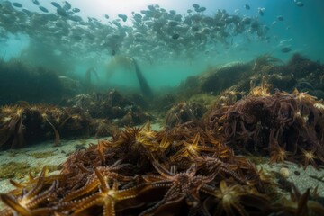 Fototapeta na wymiar kelp forest teeming with life, including starfish and crabs, created with generative ai
