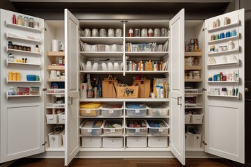 cleaning supplies closet, with organized and labeled bins for each type of cleaning supply, created with generative ai