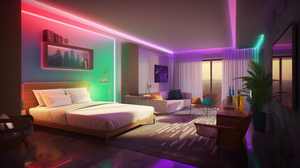 A high-tech hotel with neon lighting and advanced Generative AI 
