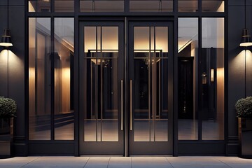 modern glass entrance doors with sleek and minimalist design for upscale hotel, created with generative ai