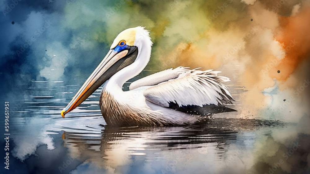 Poster a pelican fishing in a lake watercolor generative ai