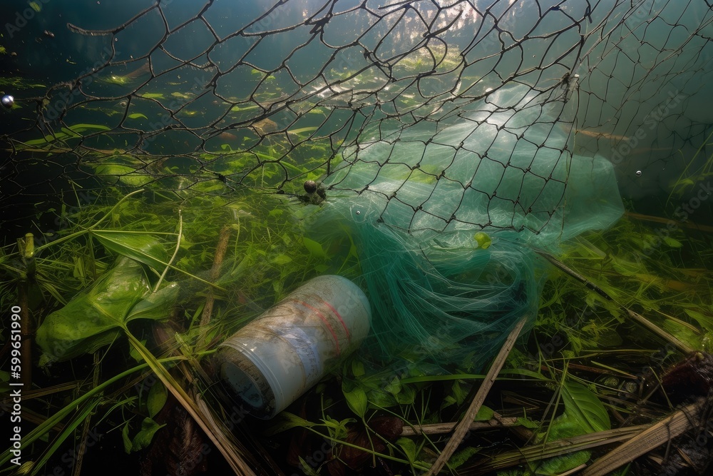 Canvas Prints plastic bottle trapped in netting, surrounded by fish and aquatic plants, created with generative ai