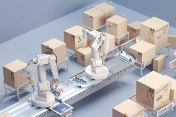 packaging and sorting robot, placing products into boxes for shipment, created with generative ai