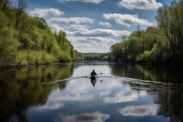 canoeist paddling down clear and calm river, with tranquil setting, created with generative ai