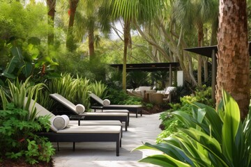 outdoor oasis with comfortable lounge chairs and daybeds, surrounded by lush greenery, created with generative ai