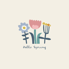 Abstract shape cutouts decorative flower hello spring text vector illustration. Minimalistic floral summer spring pre-made print poster design.