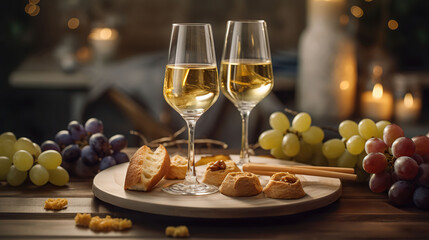 Two wine glasses of vintage chardonnay with delicious appetizers. Couple of glasses of white wine, italian breadsticks, figs and grapes. Interior background. AI Generative