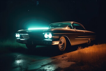 Fototapeta na wymiar Classic retro car at night with glowing headlamps. American vintage vehicle with colorful illumination on dark background. Created with Generative AI