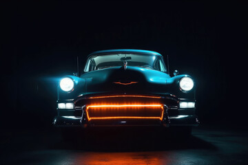 Obraz na płótnie Canvas Classic retro car at night with glowing headlamps. American vintage vehicle with colorful illumination on dark background. Created with Generative AI