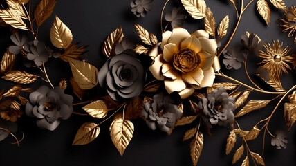 Obraz premium golden and black flowers and leaves 3d. Generative AI