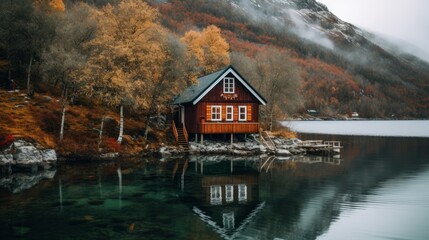 Fototapeta premium Cabin at a Nordic Fjord - Generative AI Landscape