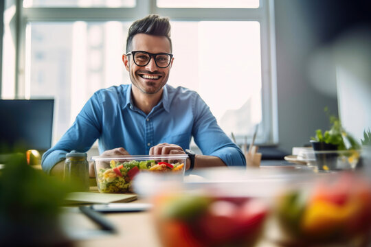 Smiling male worker sitting at office desk, enjoying lunch break. Generative AI