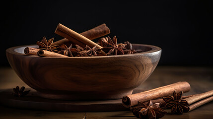 Wooden bowl with cinnamon sticks and anise on table. AI Generative