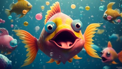 Happy Fishes at an Underwater Party. Generative ai