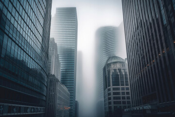 Street with skyscrapers in the fog. Generative AI