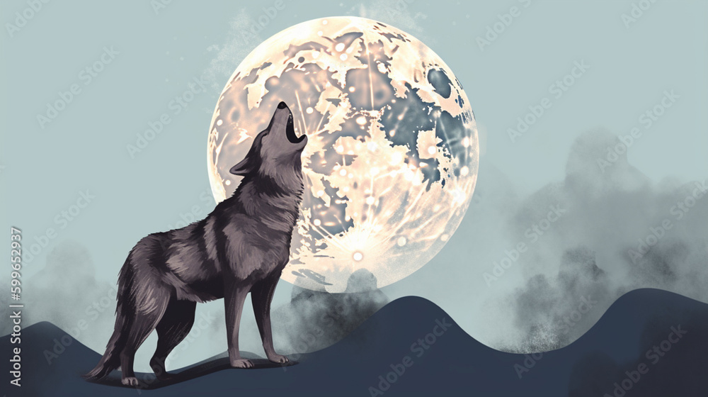 Wall mural A wolf howling at the full moon watercolor Generative AI 